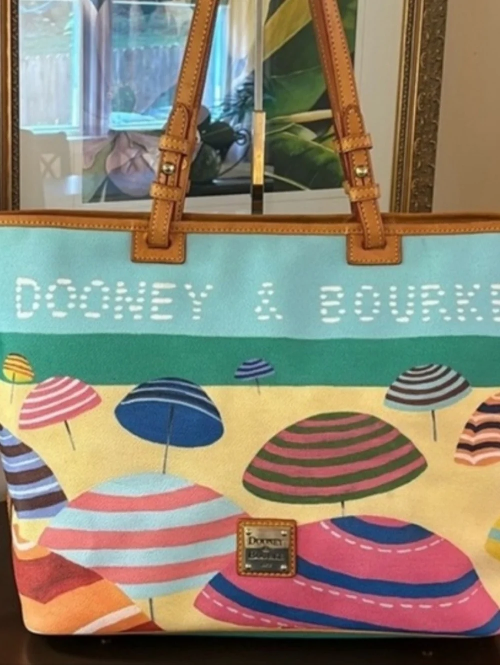 Dooney & Bourke Blue Multicolor Umbrella Print Canvas Tote with Tan Leather Trim - Picture 2 of 11
